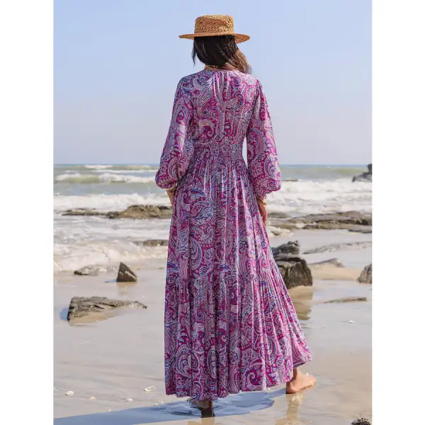 Relaxed Printed Tie Neck Balloon Sleeve Maxi Dress