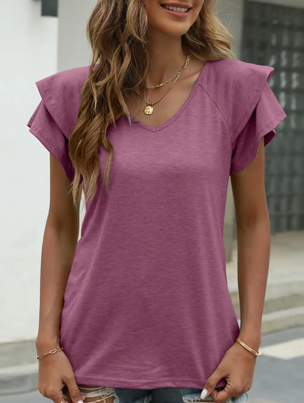 Solid Color V-Neck Ruffle Sleeve T-Shirt