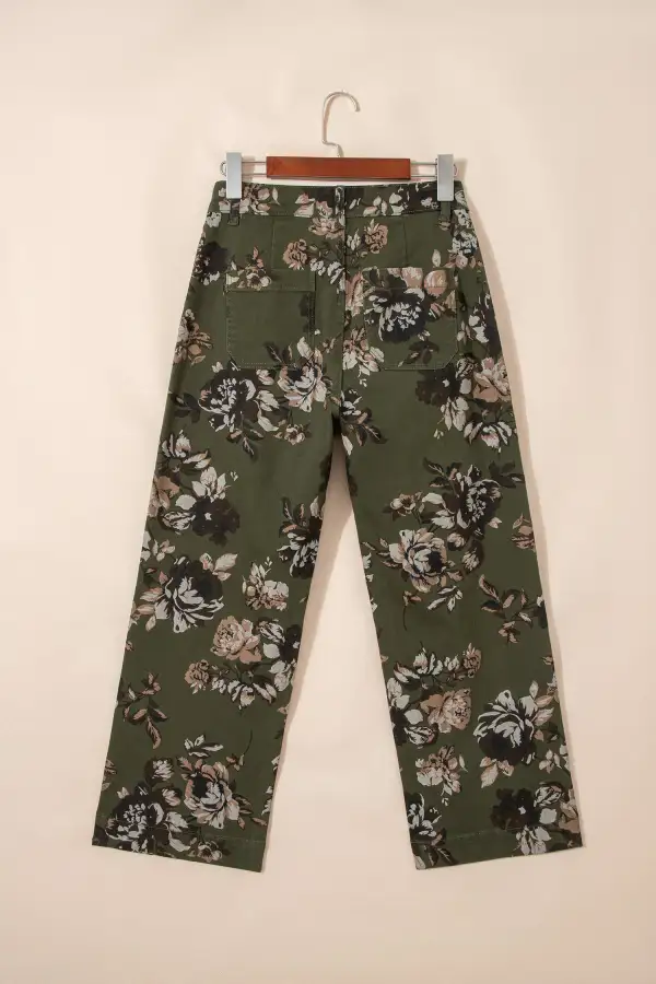 Raw Hem Patch Pocket Floral Print Jeans