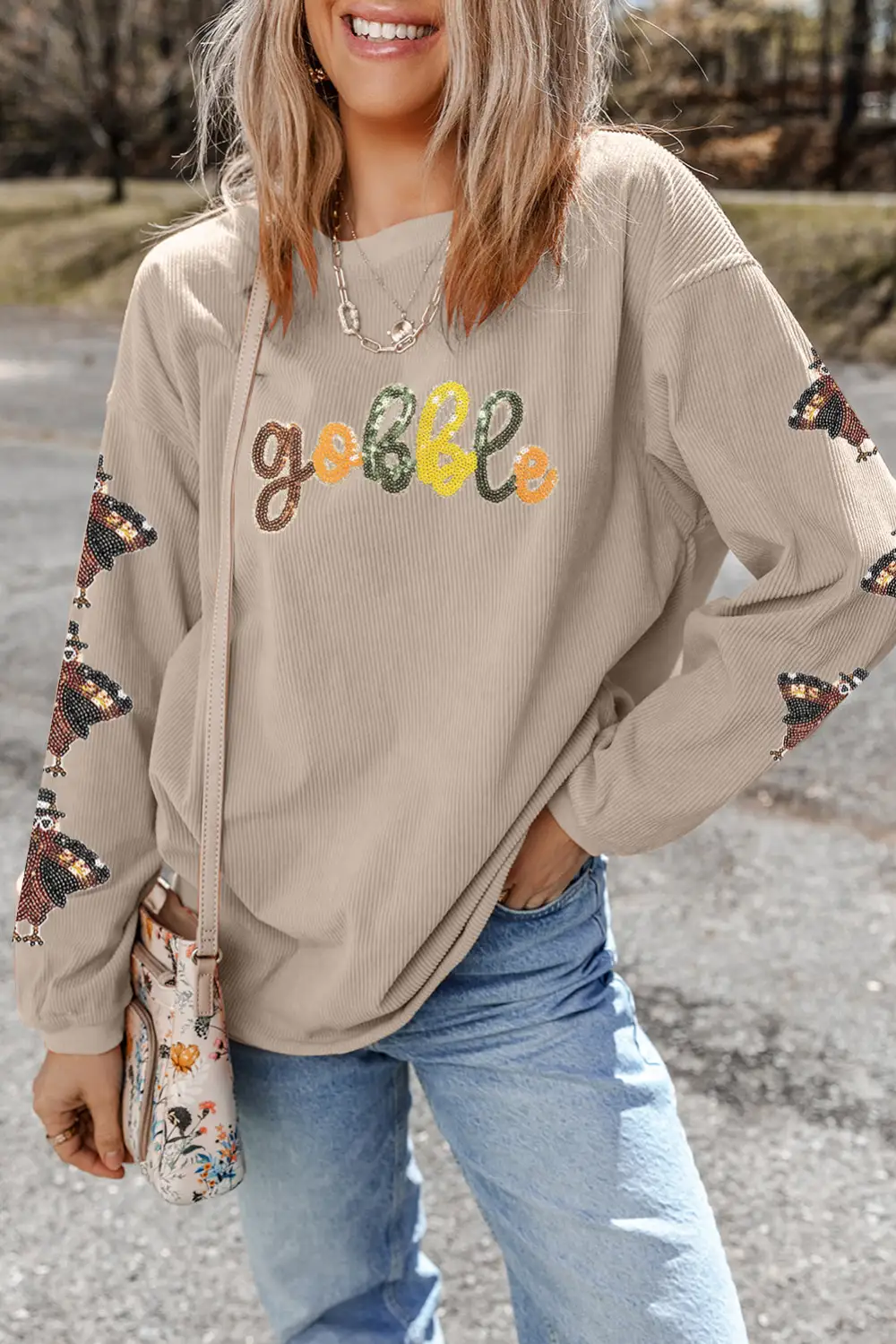 Relaxed Sequin Accent Patchwork Ribbed Sweatshirt
