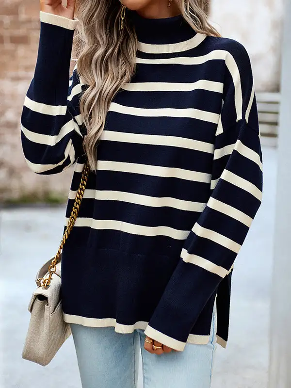 Striped Split Hem High Neck Long Sleeve Relaxed Fit Pullover Sweater