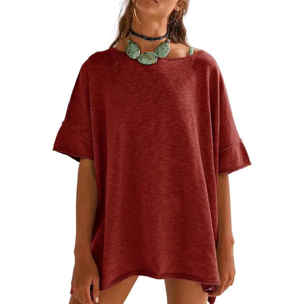 Women's Oversized T Shirts Casual Summer Crew Neck Loose Dropped Short Sleeve Side Slit Hem Blouse Tunic Tops