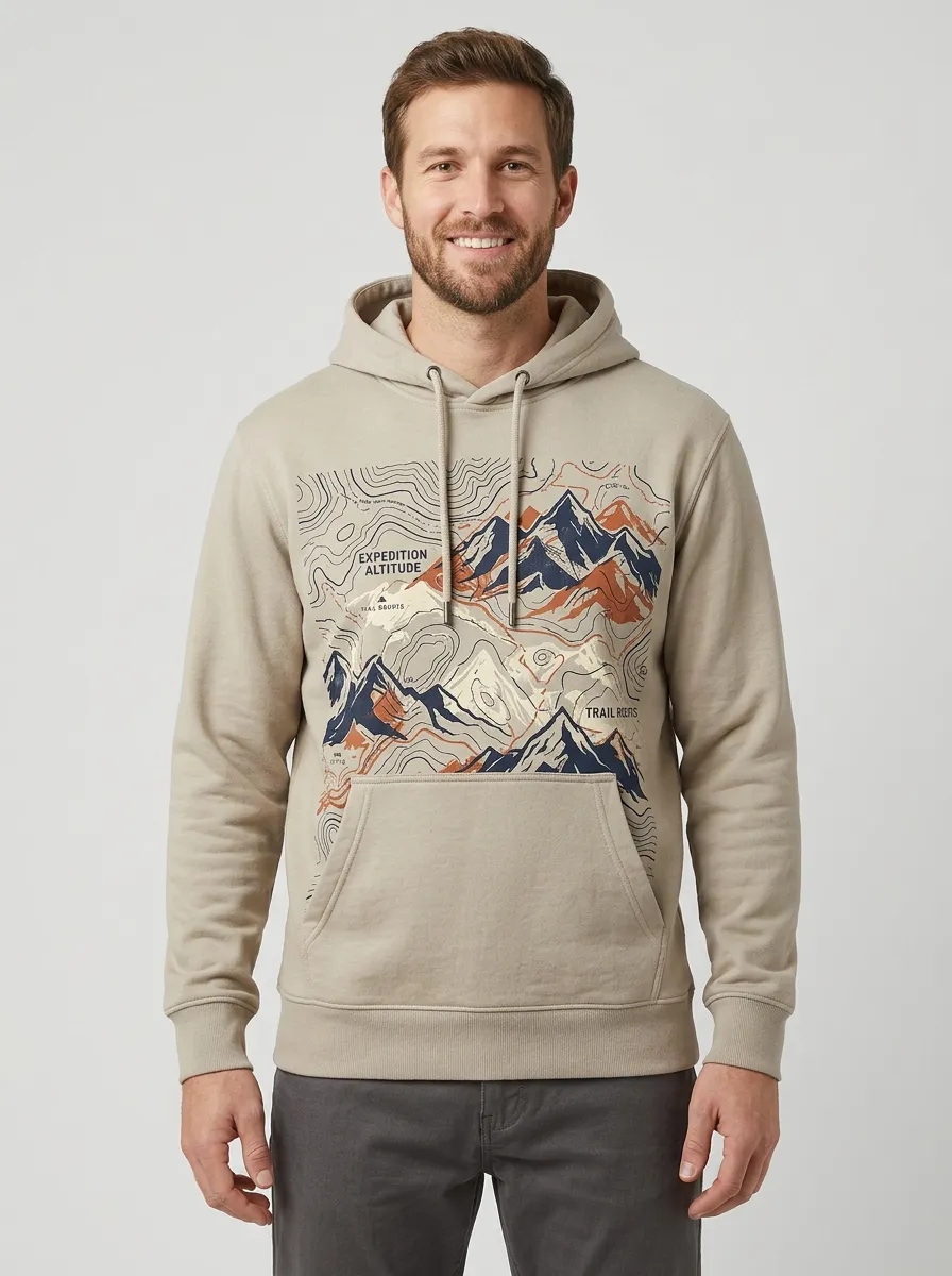 Men's Summit Hiking Outdoor Explorer Mountain Topographic Graphic Hoodie