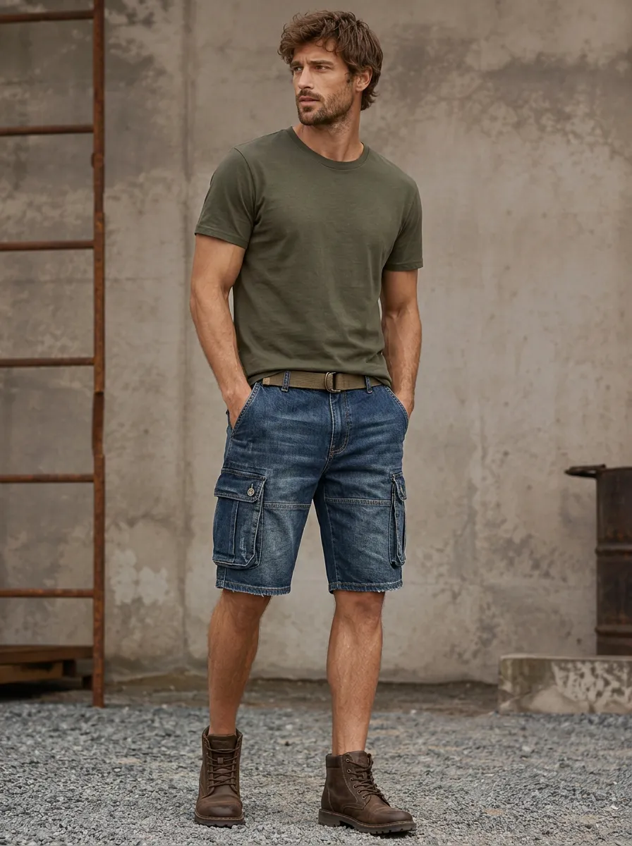 Men's Casual Outdoor Distressed Denim Cargo Shorts