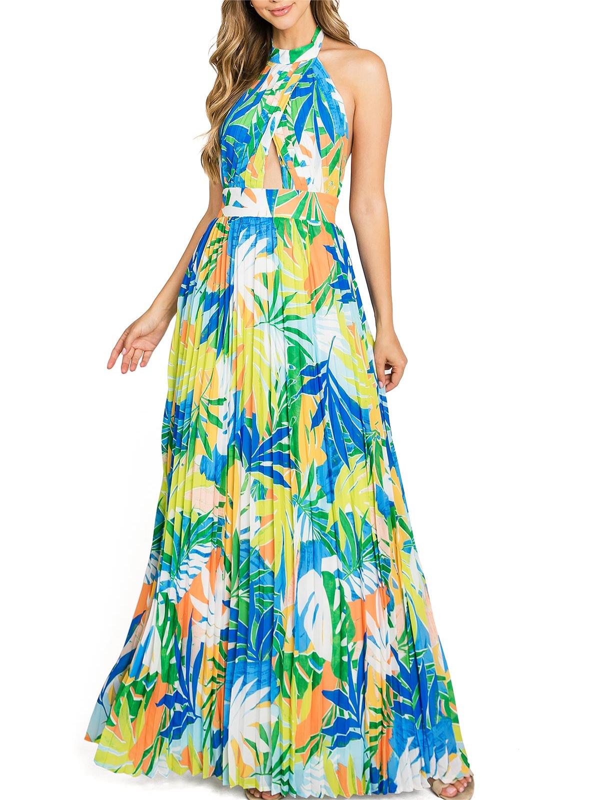 Tropical Print Halter Maxi Dress