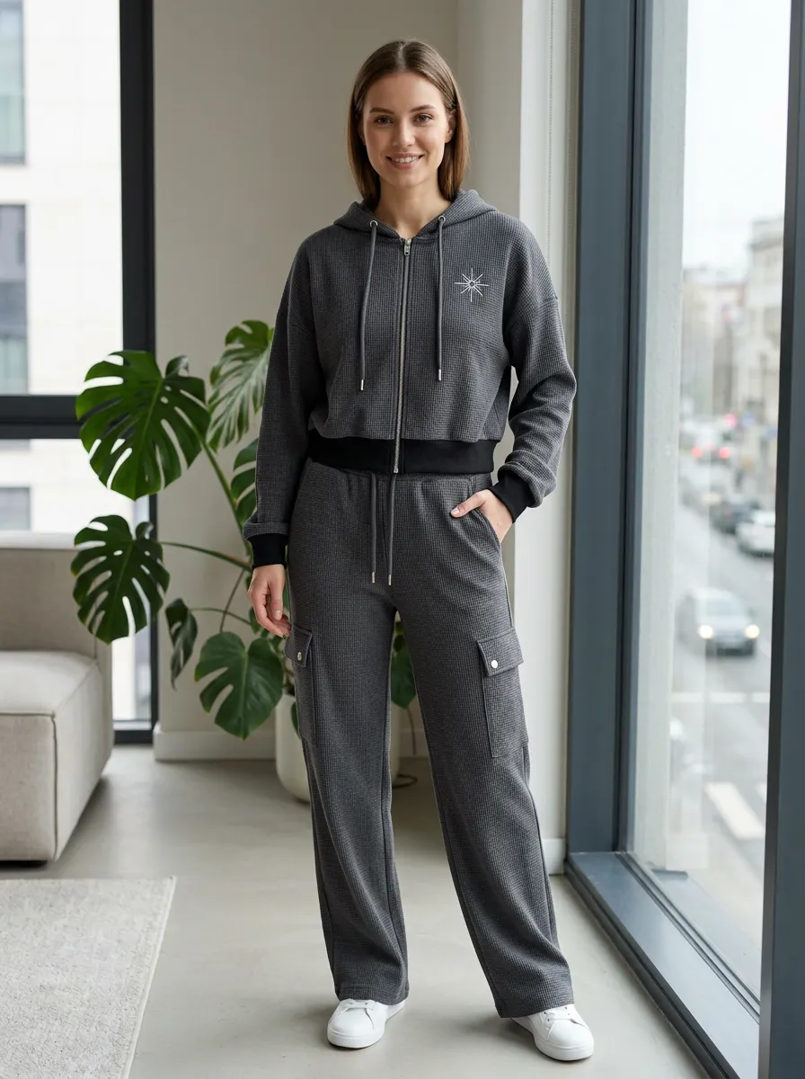 Women's Star Graphic Waffle Knit Zip-up Hoodie Cargo Jogger Set