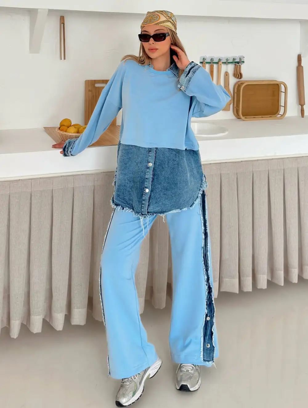 [6Pack]Women'S Knitted Patchwork Denim Top & Pants Set