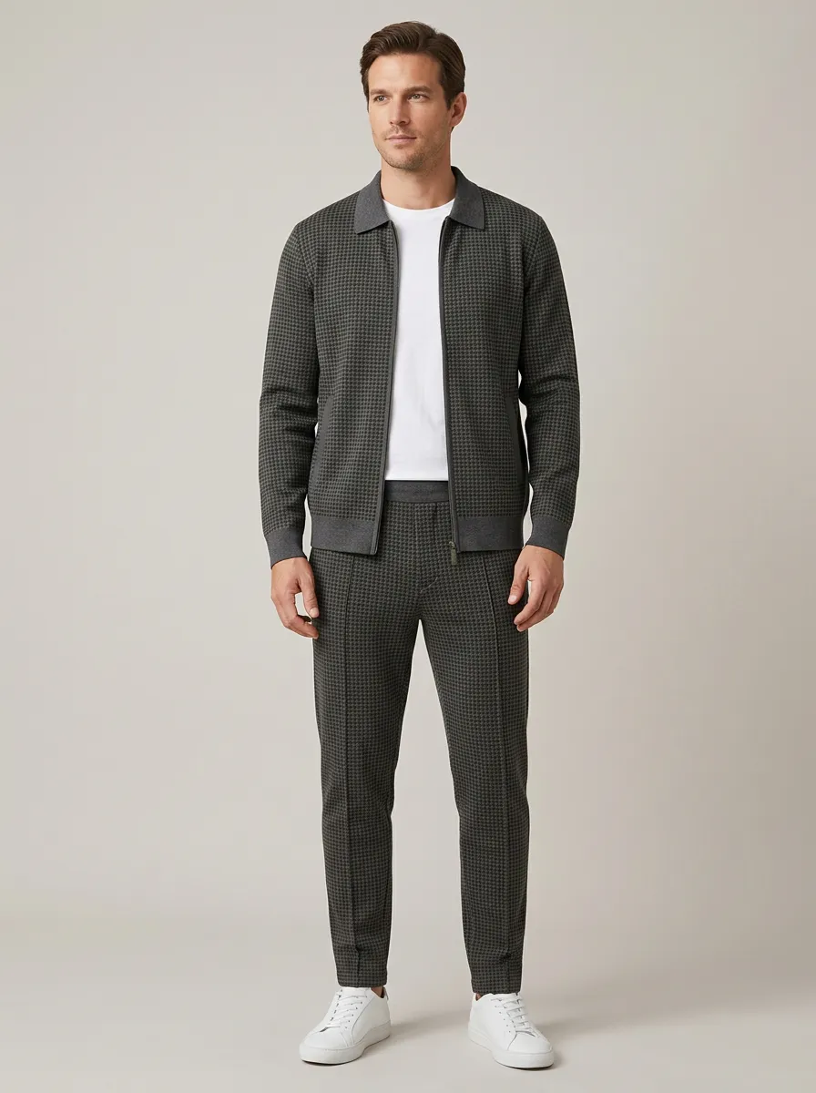 Men's Classic Houndstooth Polo Collar Jacket and Jogger Pants Set