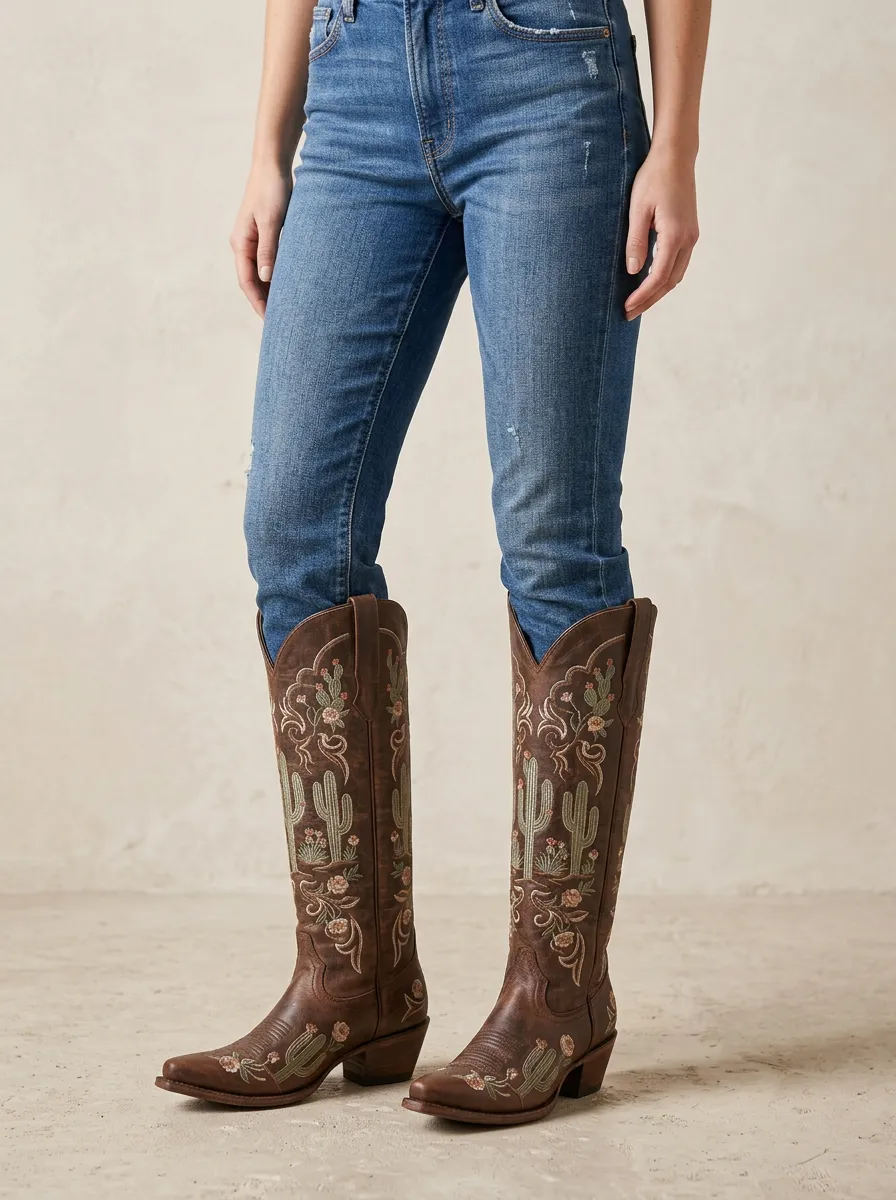 Women's Western Cactus Floral Wing Embroidered Block-Heel Stacked-Heel Denim Over-the-Knee Boots
