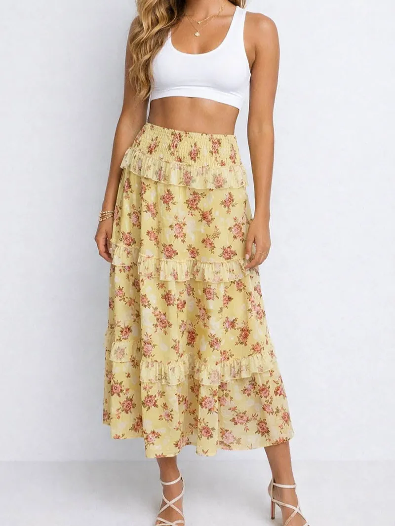 Smocked Waist Tiered Ruffle Midi Skirt