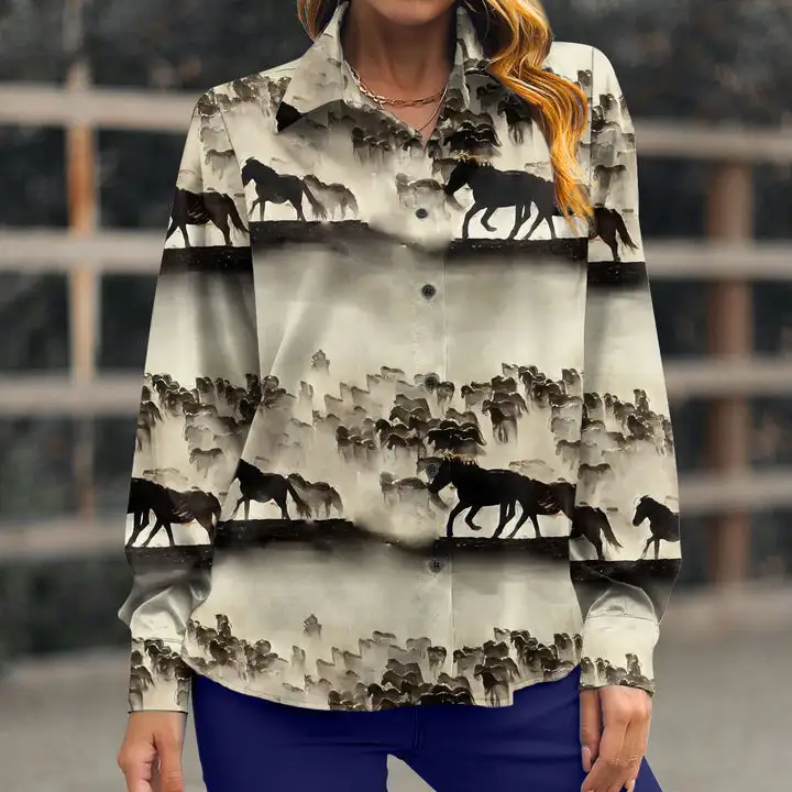 Women's Horses Running Print Long Sleeve Lifestyle Casual Button Shirt