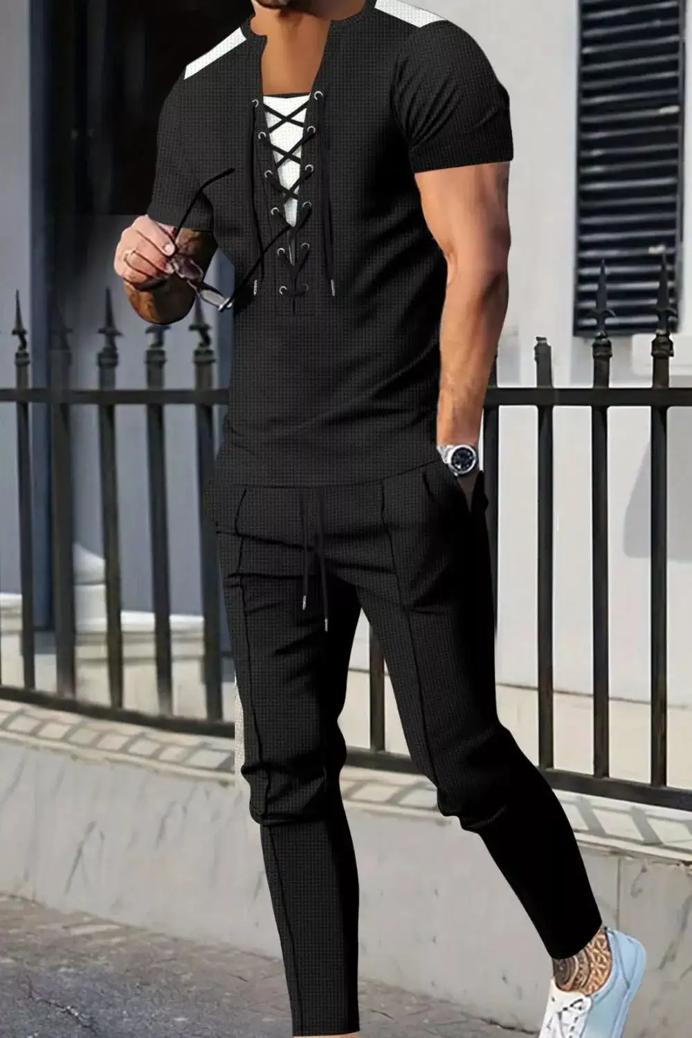 Men's Full Size Lace Up Front Top and Pants Set