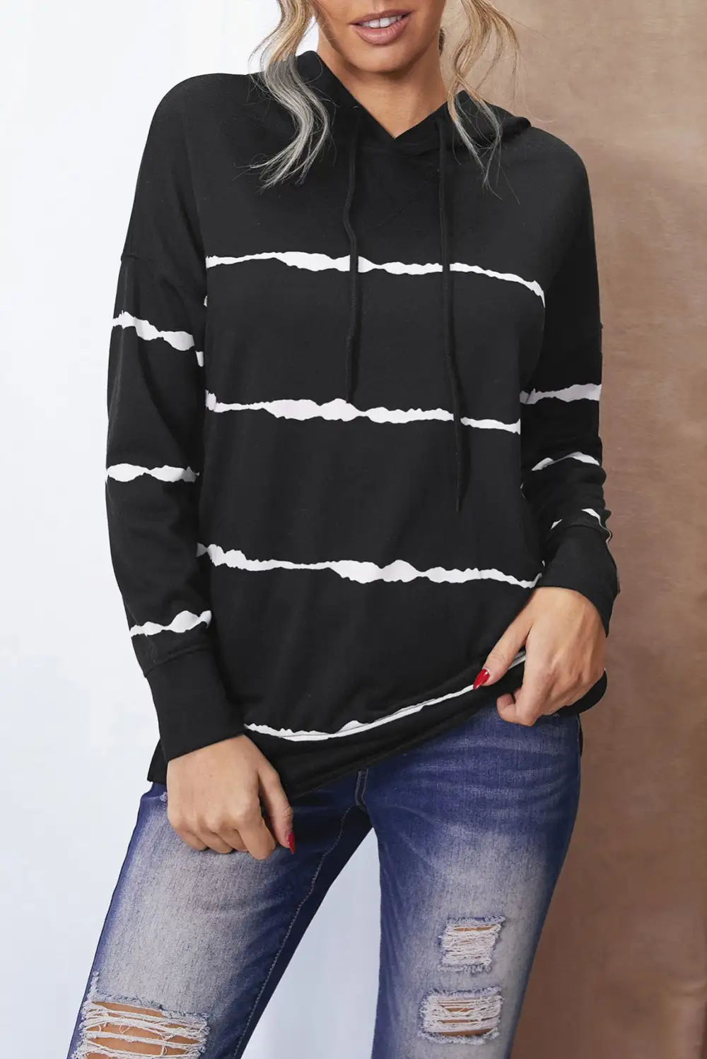 Tie Dye Striped Drawstring Side Split Hoodie