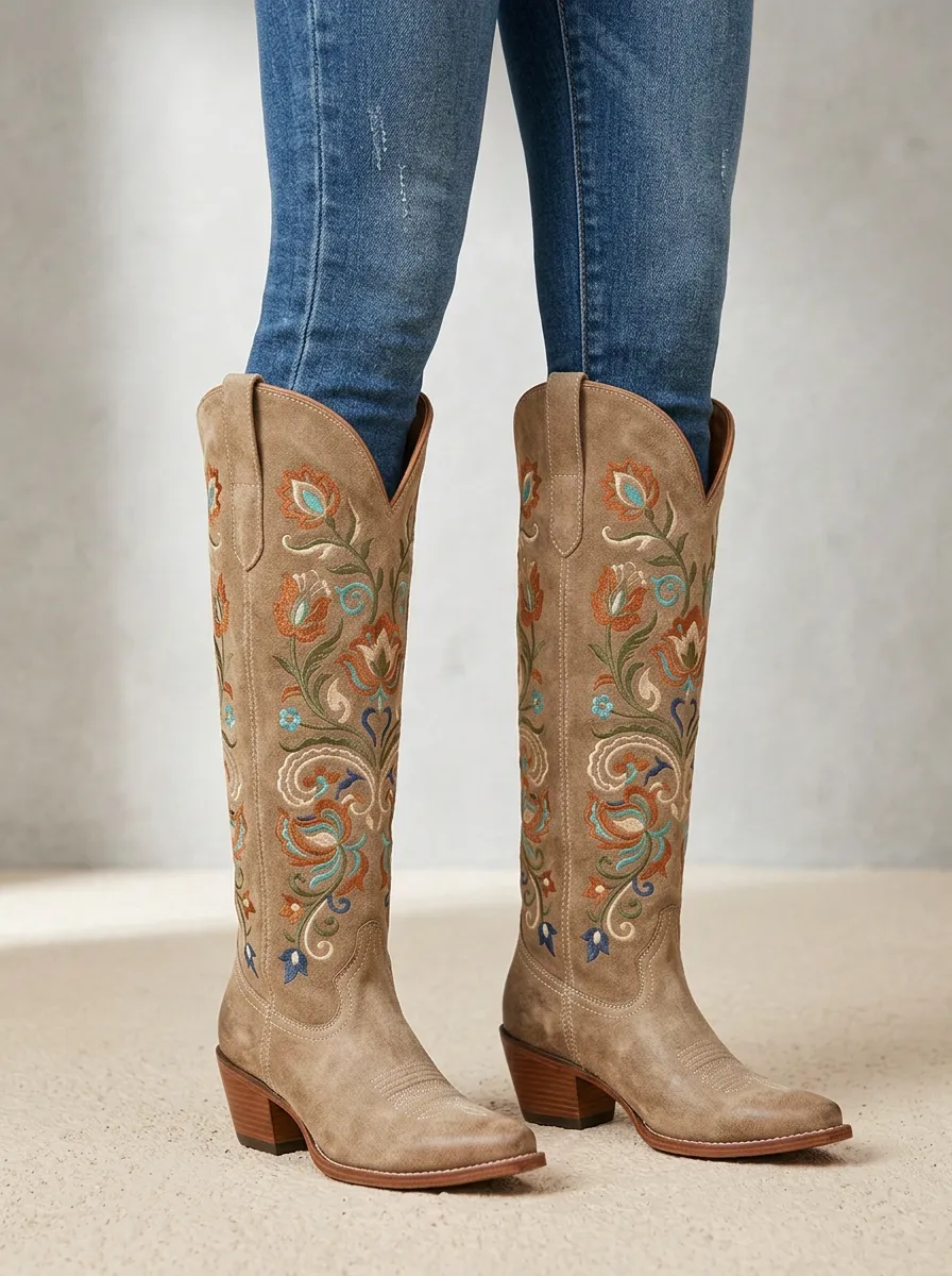 Women's Western Floral Embroidered Block-Heel Stacked-Heel Pull-On Denim Over-the-Knee Boots