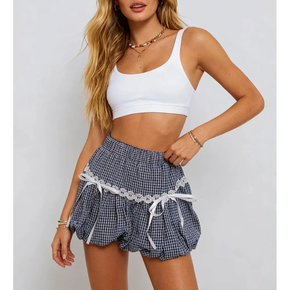 Puffer Checked Bow Lace Panel Mini Skirt