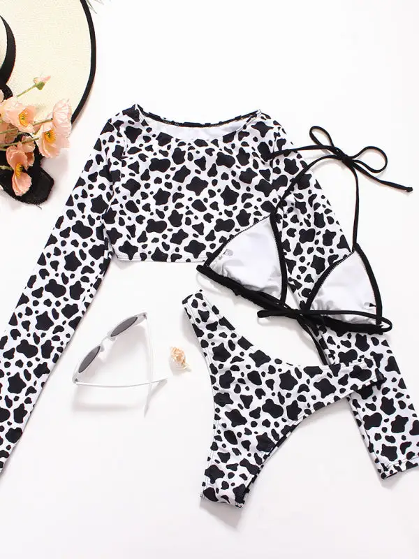 Braided Rope Leopard Print Long Sleeved Swimsuit