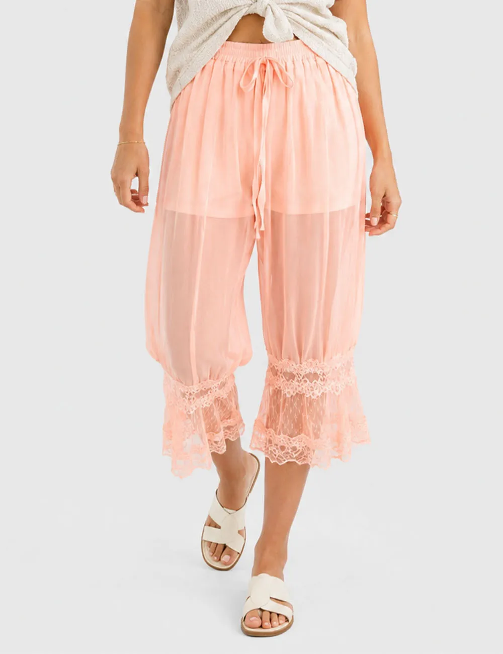 Sheer Lace Trim Bloomer Drawstring Waist Capri Pants