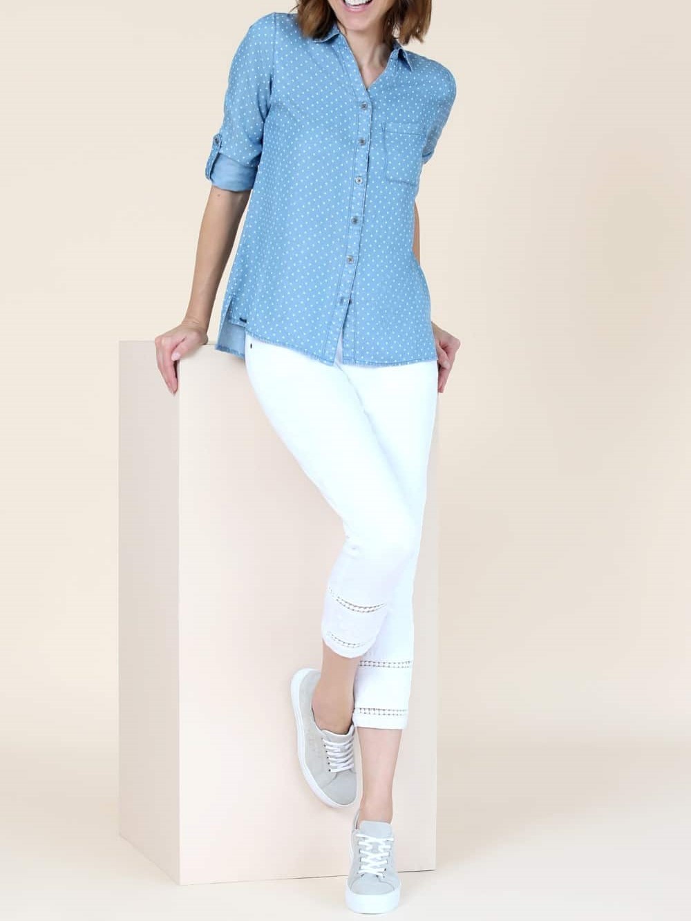 Light Blue Polka - Dot Roll - Sleeve Shirt