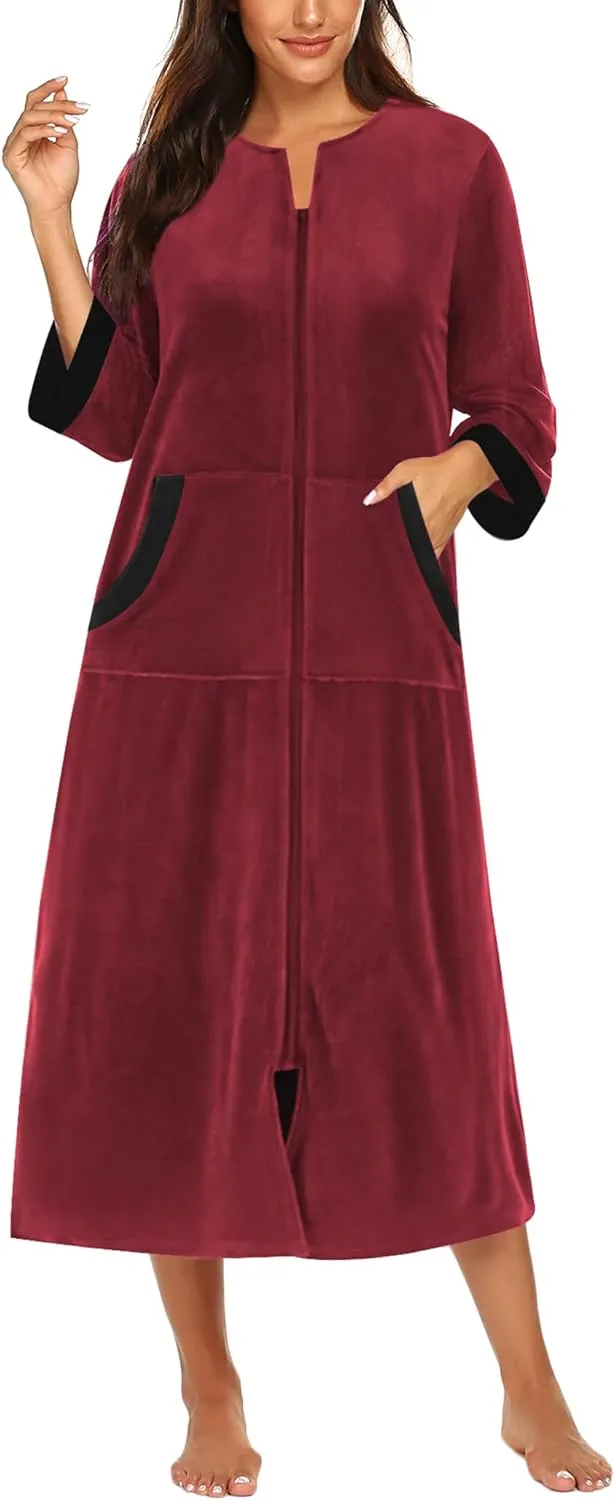 50% OFF Women Zipper Robe 3/4 Sleeves Loungewear Dress Full Length Sleepwear Pockets Housecoat Nightgown Long Bathrobe