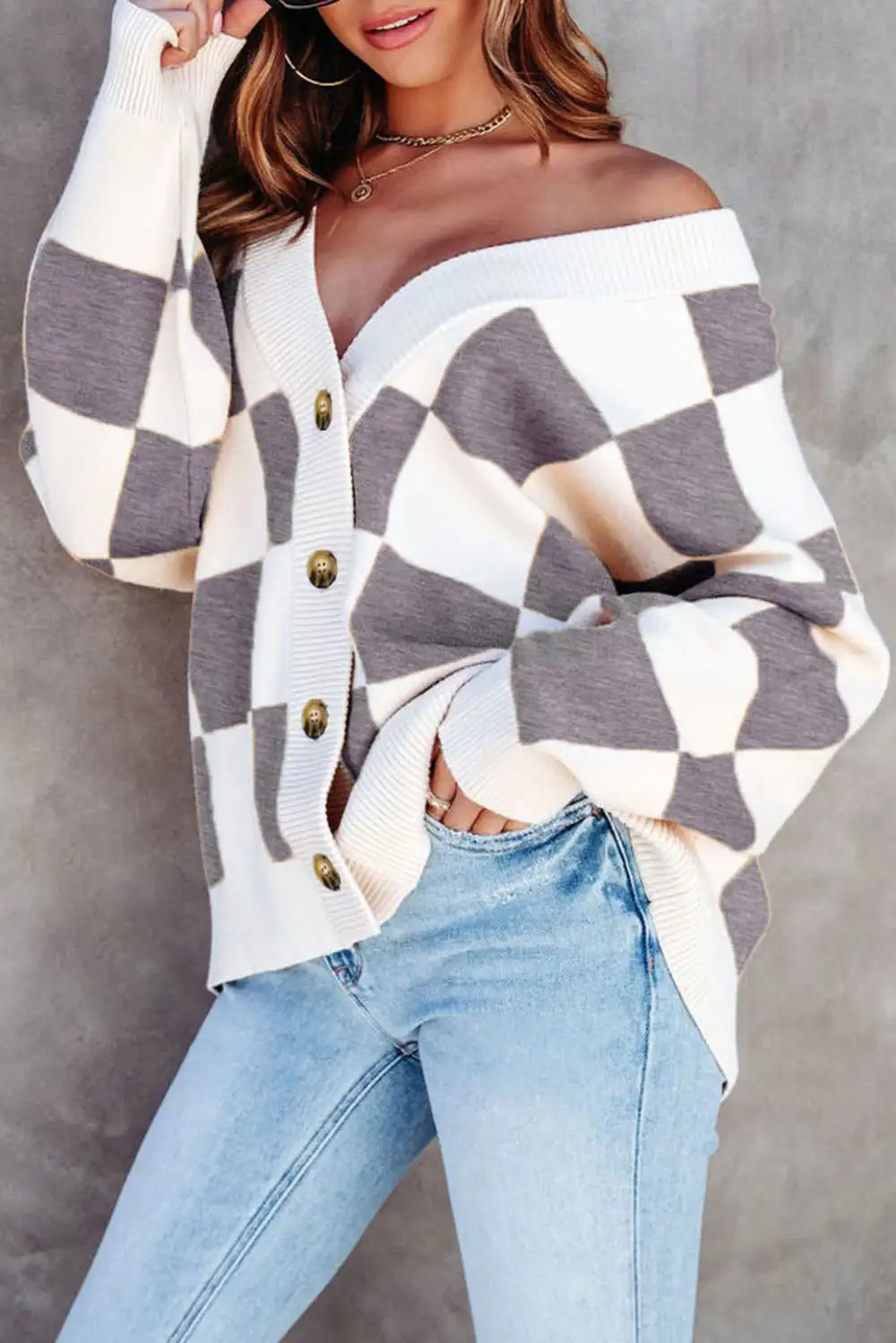 Checkered Button Front Contrast Trim Cardigan