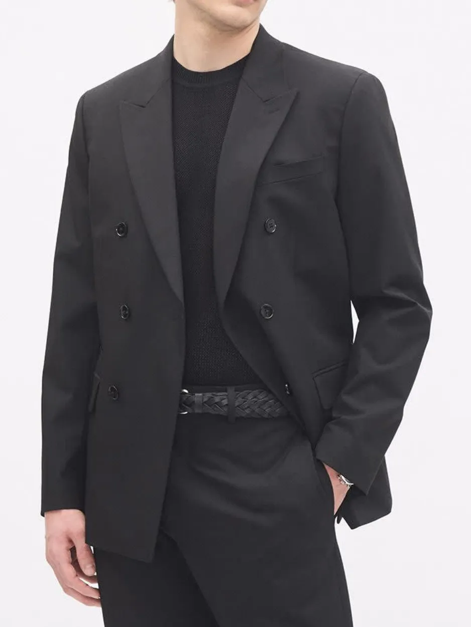 Commuting Style Tailored-Fit Double-Breasted Black Suit Blazer