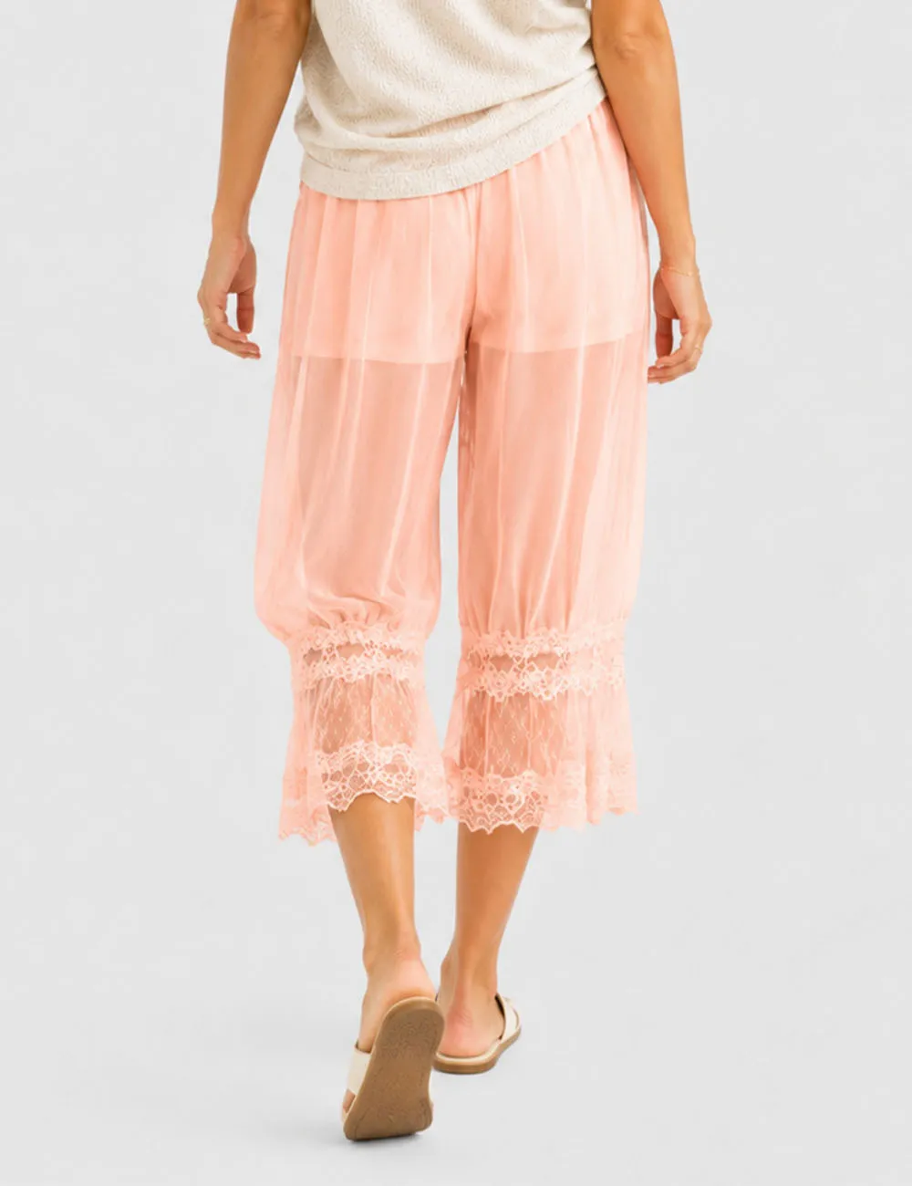 Sheer Lace Trim Bloomer Drawstring Waist Capri Pants