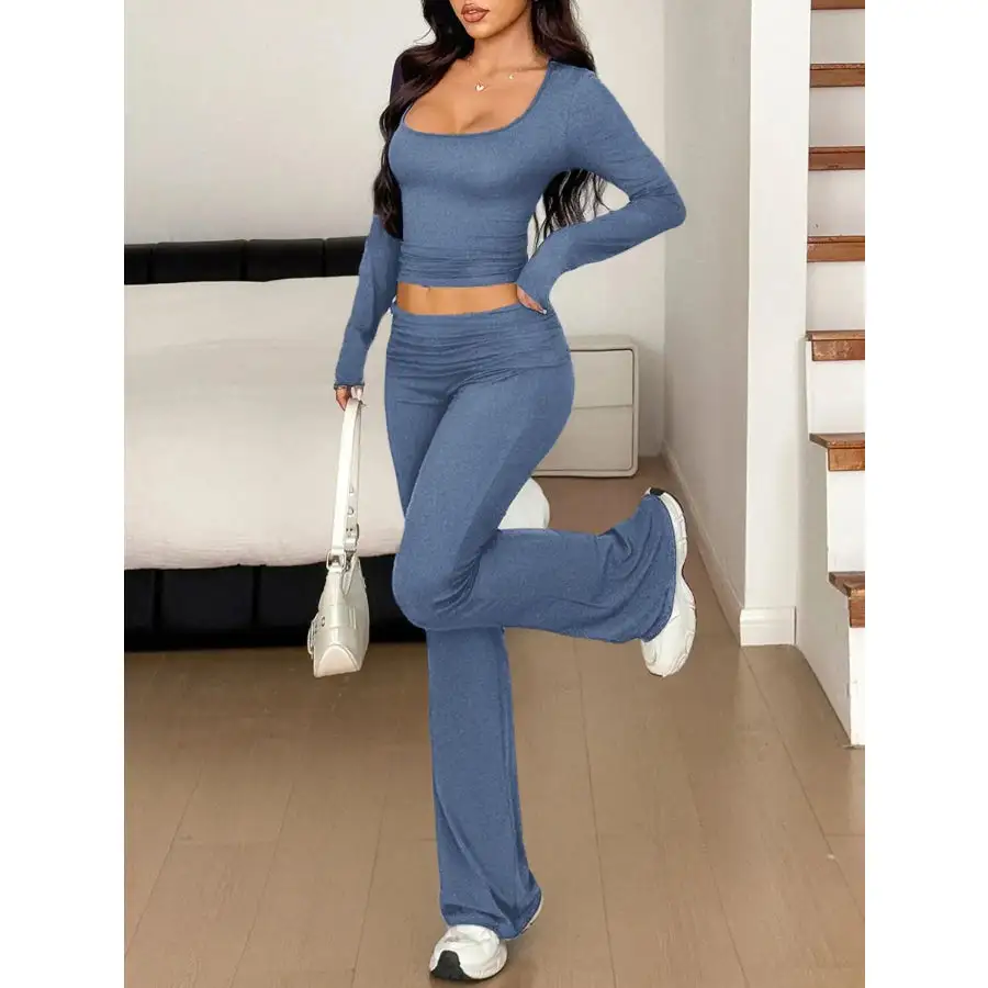Long Sleeve Crop Top and Bootcut Pants Set