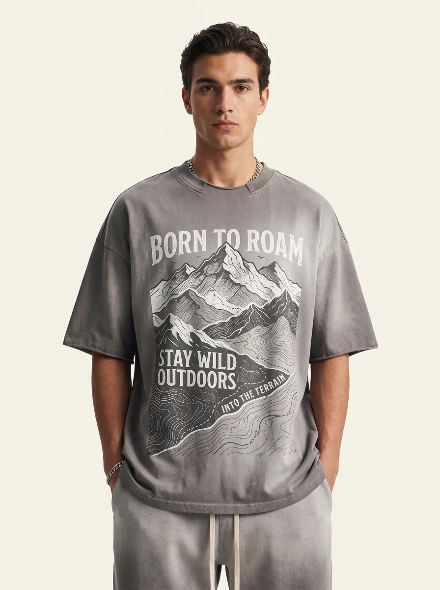 Men's Oversized Wild Ridge Outdoor Adventure Born To Roam Mountain Graphic T-Shirt