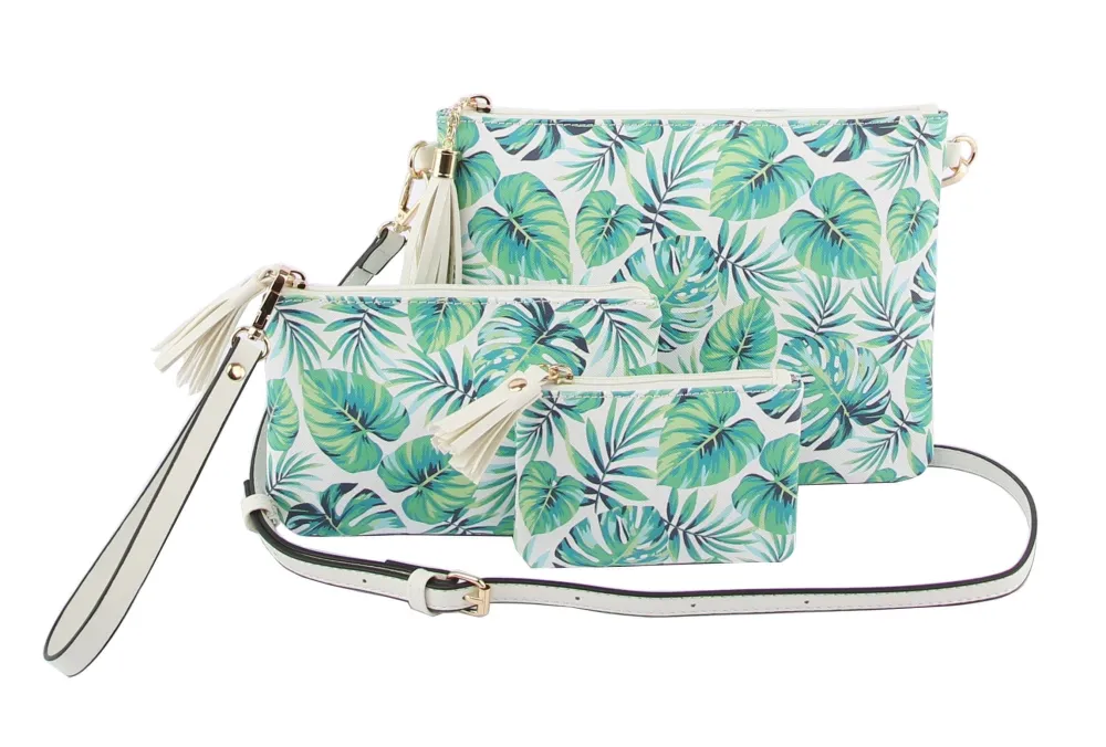 Crystal Accent Tassel Accent Graphic Print Canvas Shoulder Bag