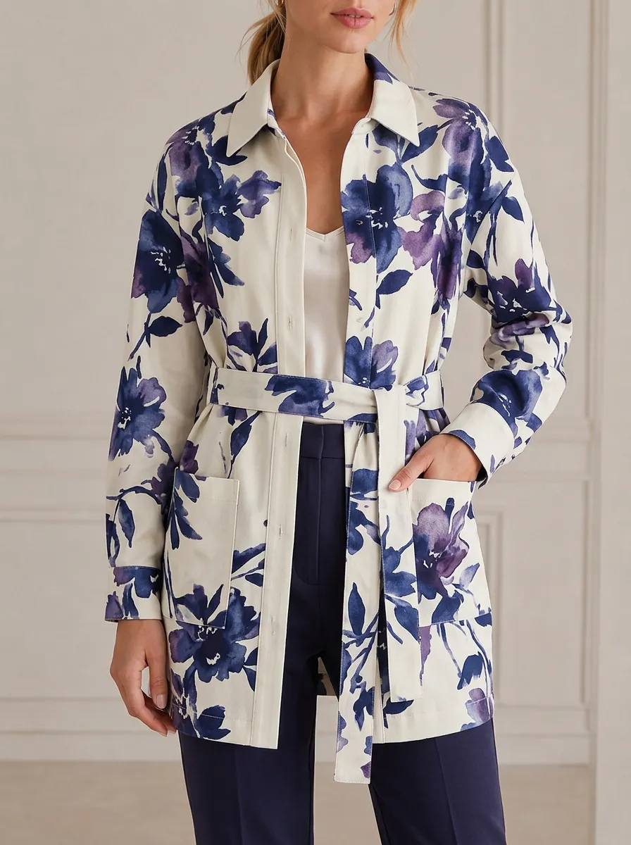Women's Floral Pattern Blue Watercolor Printed Belted Jacket