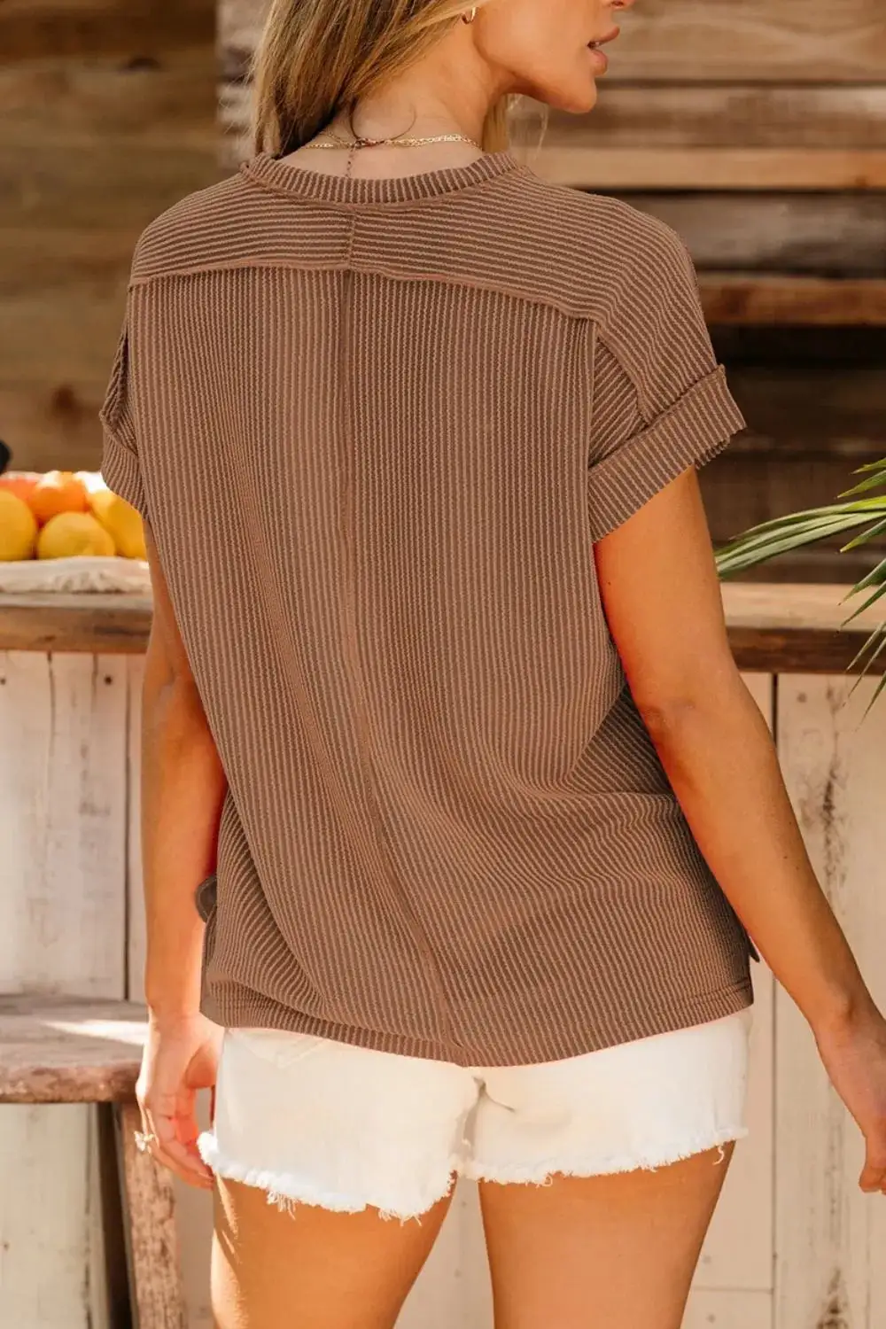 Round-Neck Short-Sleeve Ribbed T-Shirt