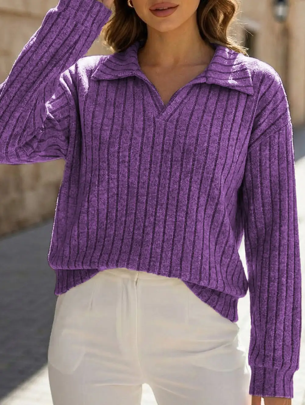 Plus Size Ribbed V-Neck Long Sleeve Tee
