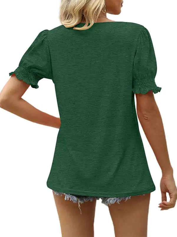 V-Neck Collared Short-Sleeve Puff-Sleeve T-Shirt