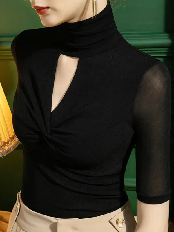 Half Sleeve Curve Fit Gauze Cutout Pleat Detail Sheer Panel Detail High Neck T-Shirt
