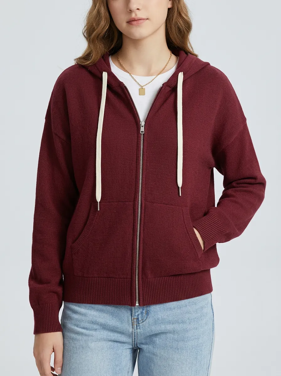 Knit-Texture Drawstring Zip-Up Women's Zip-Up Hooded Jacket