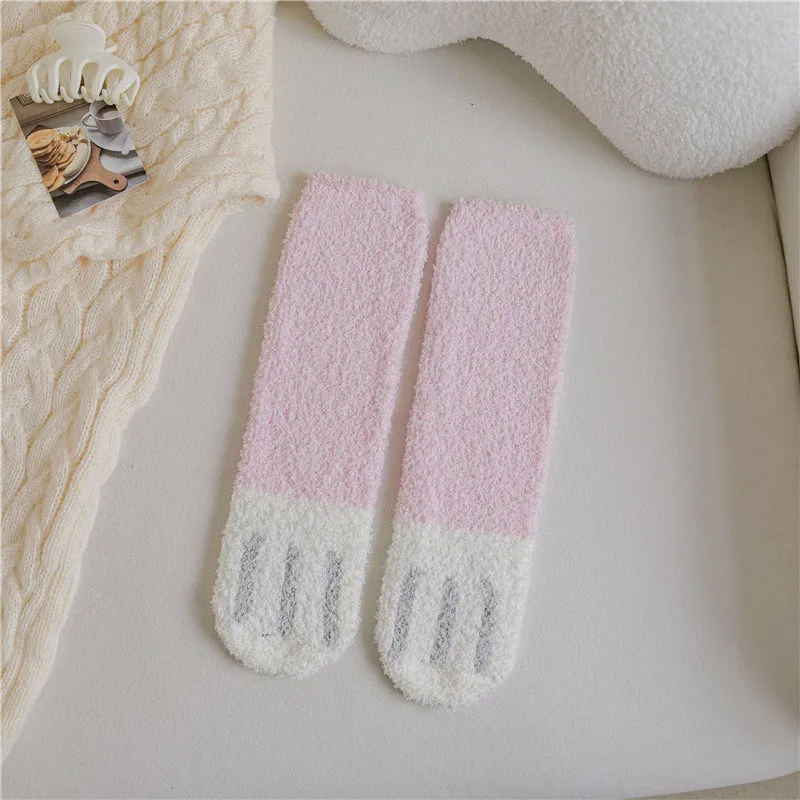 Coral Fleece Cat Paw Mid Calf Socks