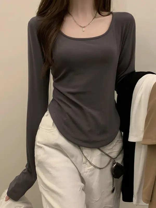 Long Sleeve Slim Fit Square Neck Everyday T-Shirt