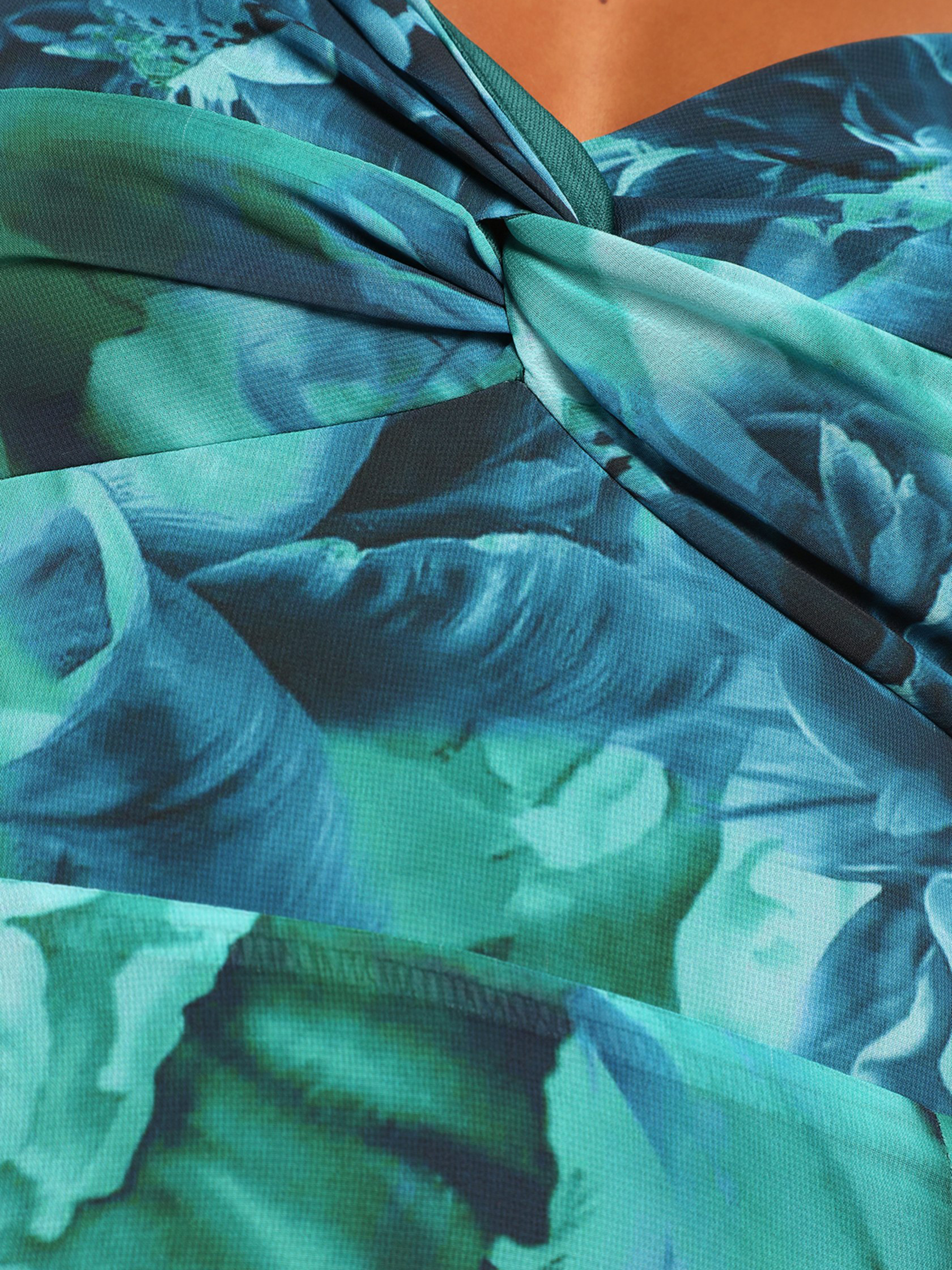 Beautiful Teal Green Floral Print Twist-Front Maxi Dress