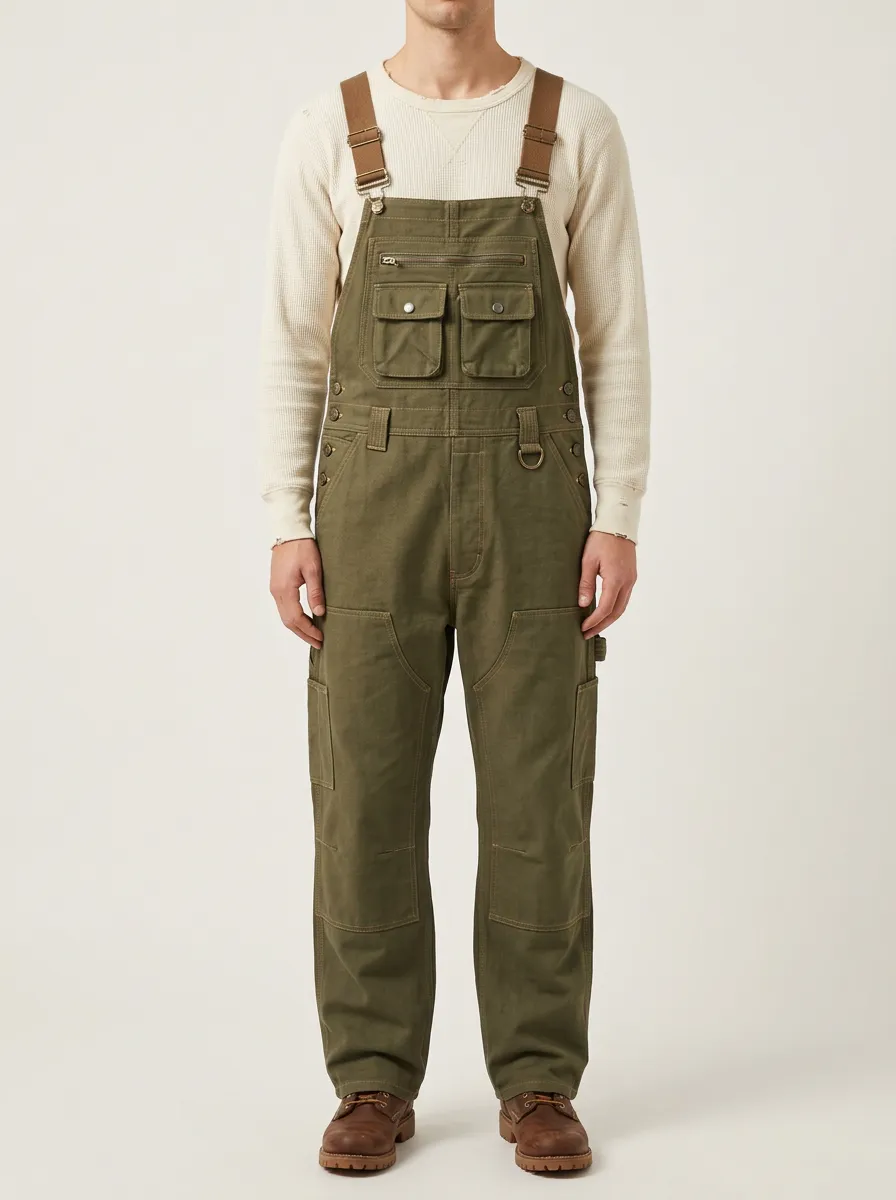 Men's Outdoor Utility Olive Green Multi-Pocket Cargo Overalls
