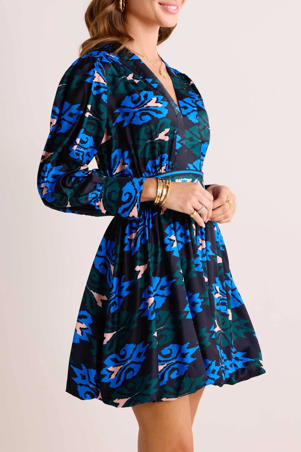 Blue Floral Print V-Neck Long Sleeve Dress