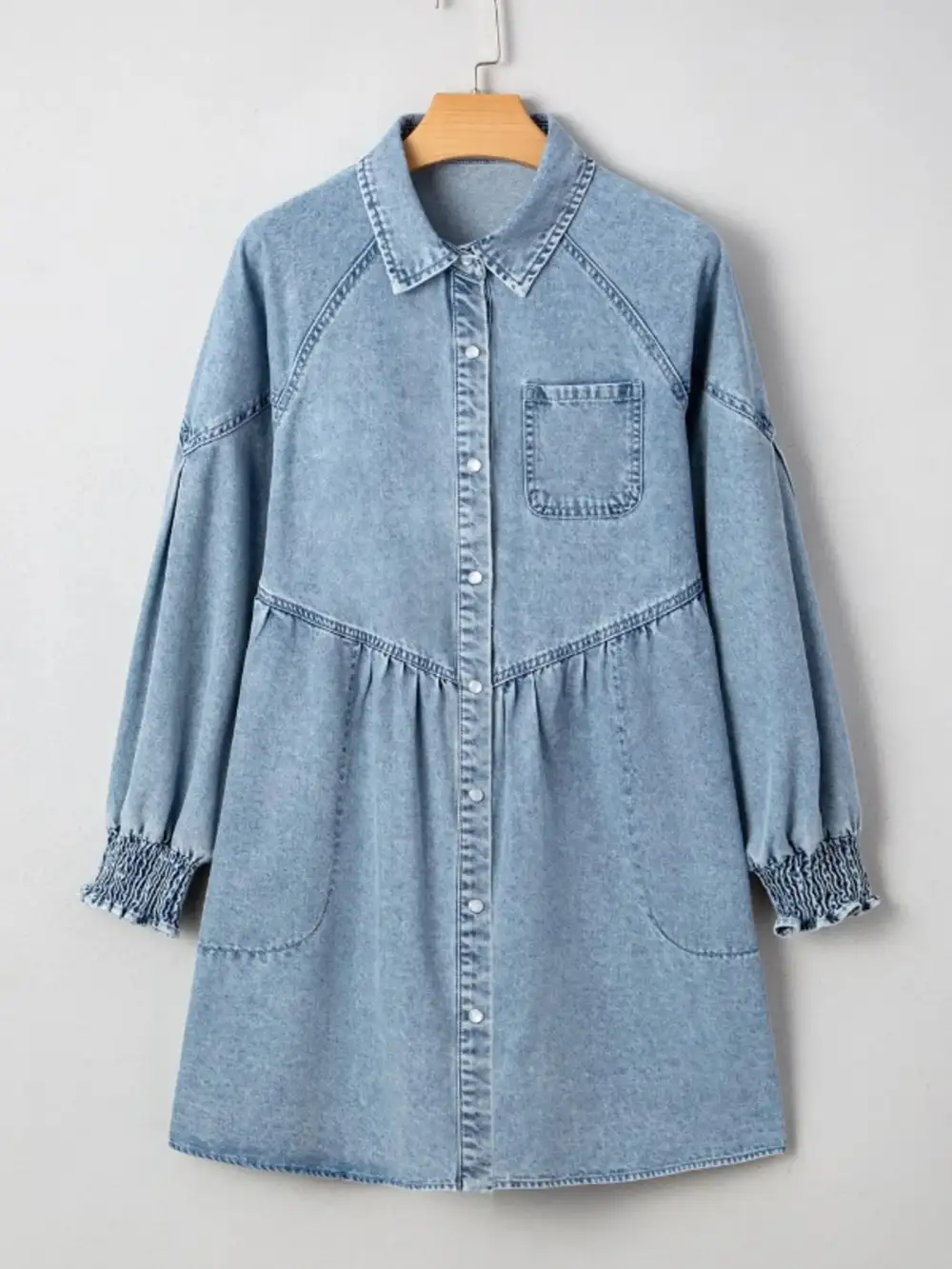 Denim Button Front Smocked Shirt Dress