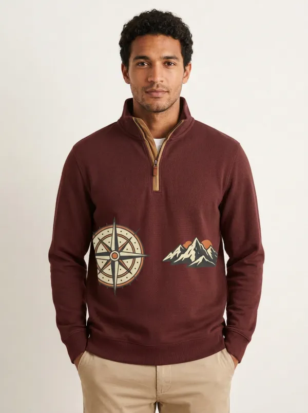 Men's Ridge Outdoor Compass Mountain Graphic Quarter-Zip-Neck Sweatshirt