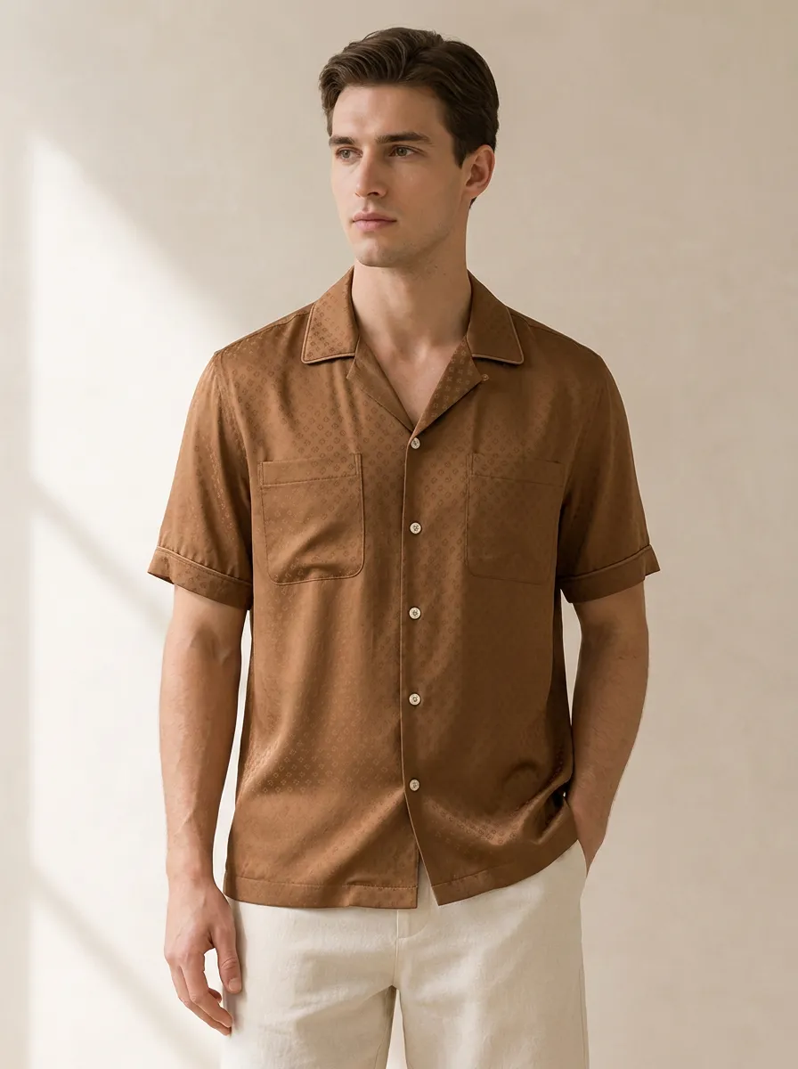 Men's Brown Geometric Jacquard Camp Collar Shirt with Patch Pocket Detail
