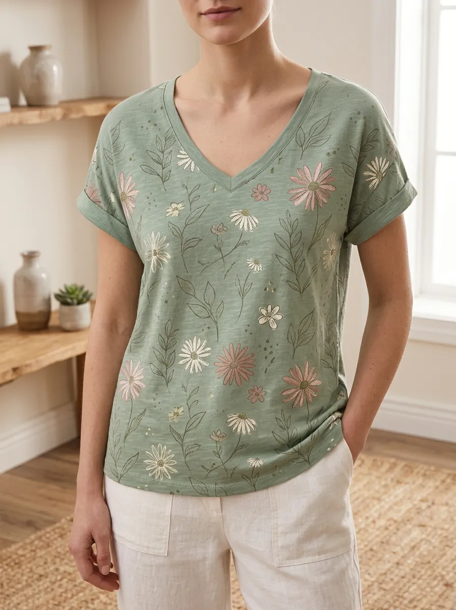 Women's Wilderness Floral Nature Lover Daisy Botanical V-Neck T-Shirt