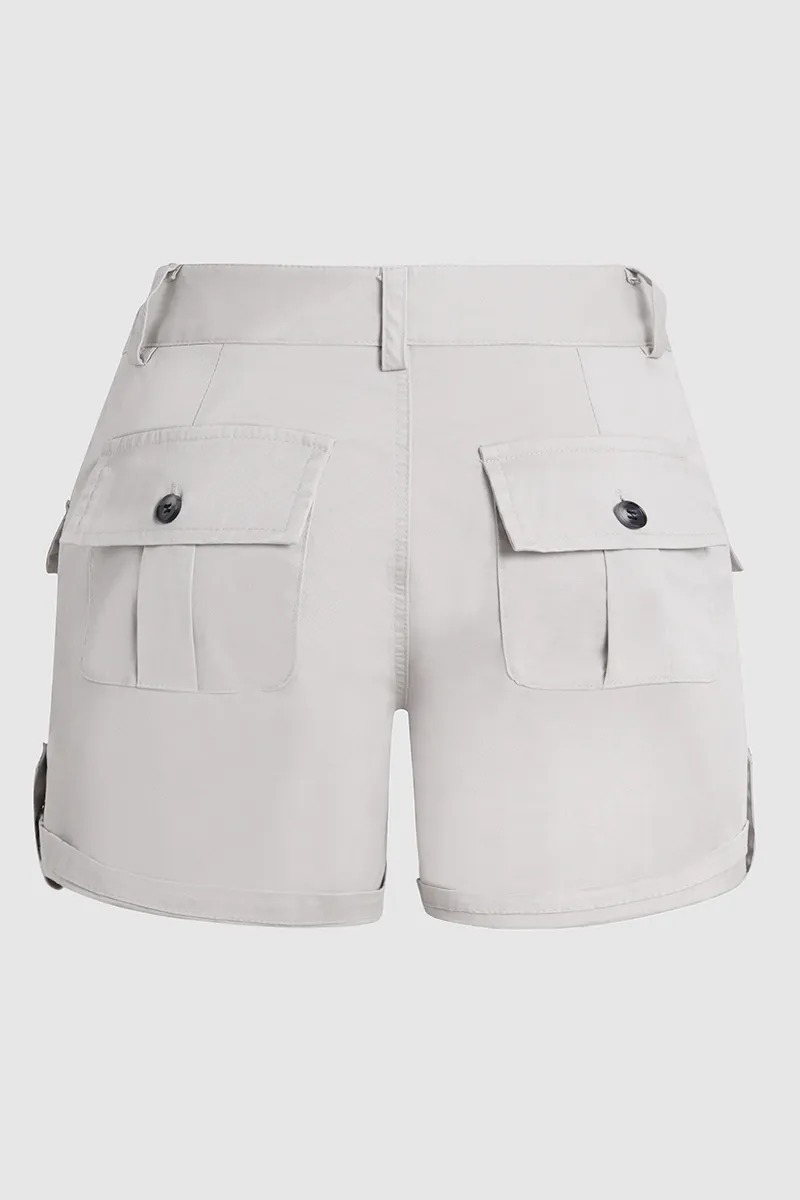 Flap Pocket Roll Tab Hem Mid Waist Shorts