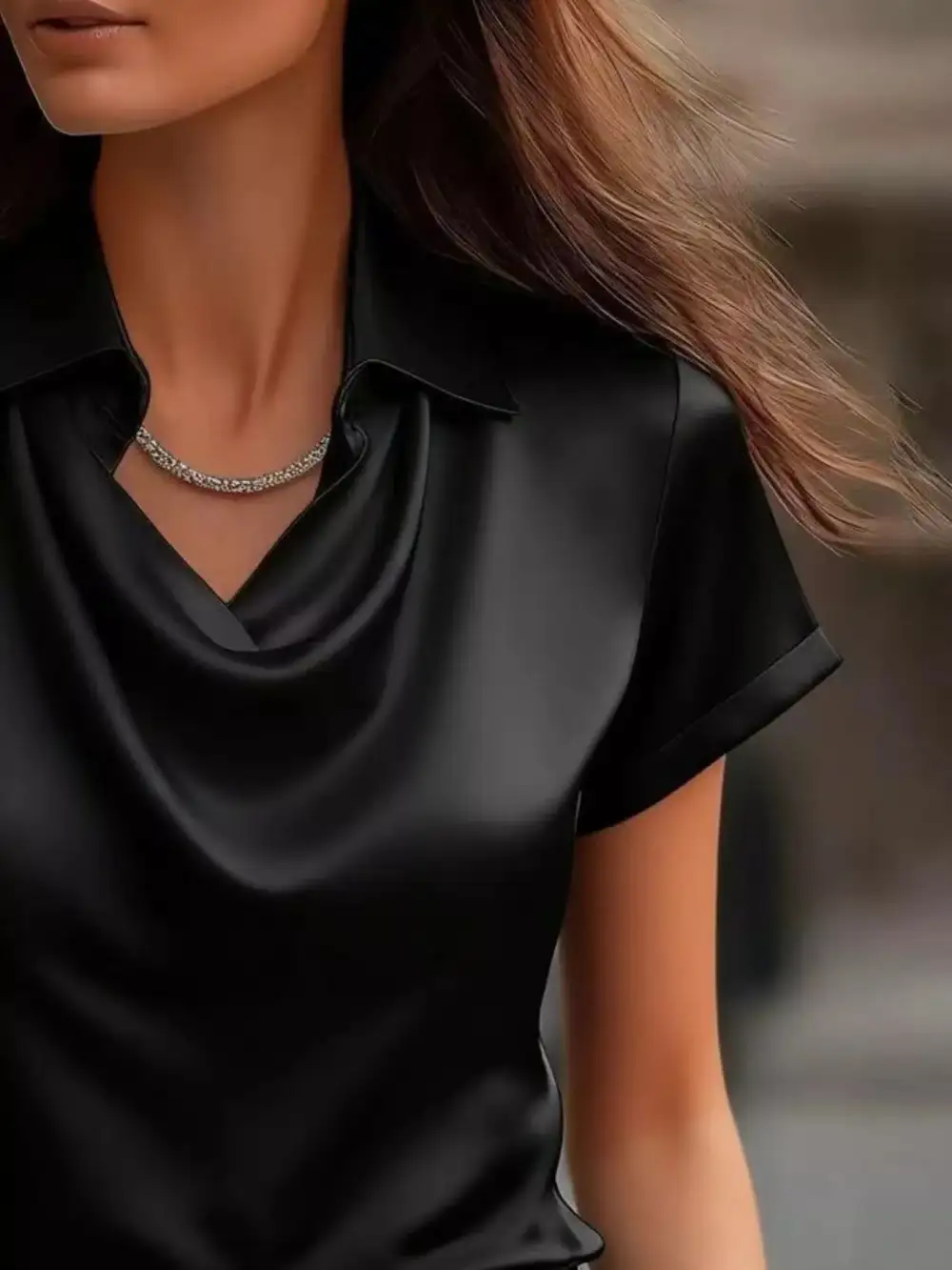 Cowl Neck Short Sleeve Satin Blouse Plus