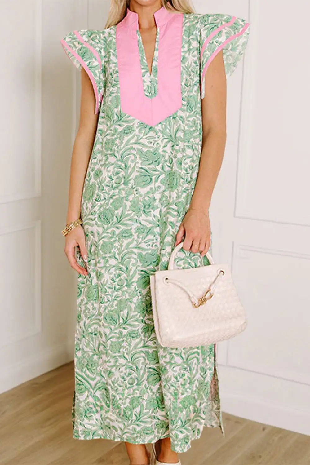 Drape Floral Patchwork V Neck Midi Dress