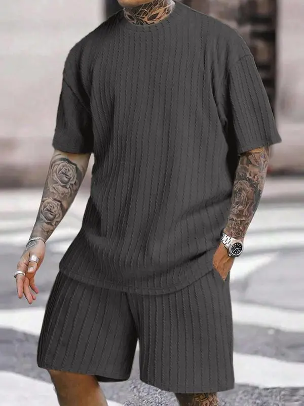 Men's Solid Textured Drop Shoulder Short Sleeve Tee & Drawstring Waist Shorts Set, Spring & Summer Clothes, Back To School Loose Casual Fashion Crew Neck T-shirt & Pocket Shorts for Daily Outdoor Wear, Men Outfits, Fall Outfits