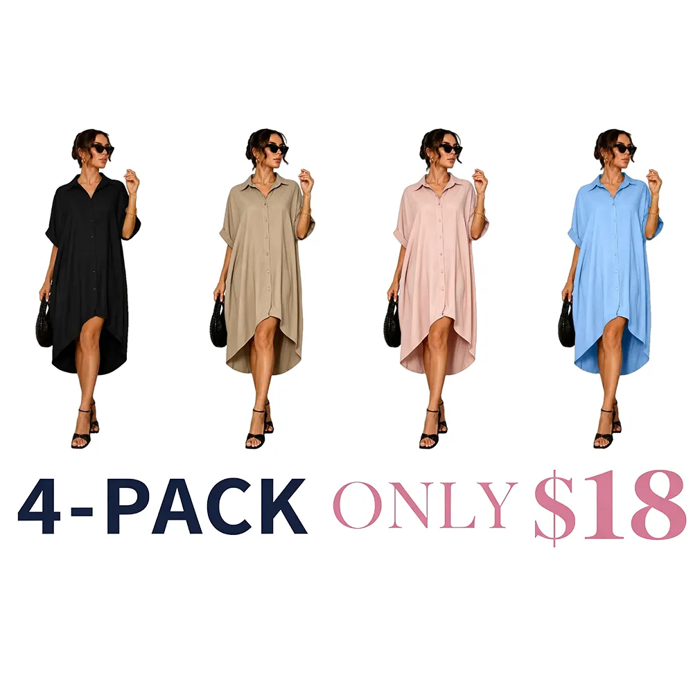 Women Turn-Down Collar Button Up Shirt Dress