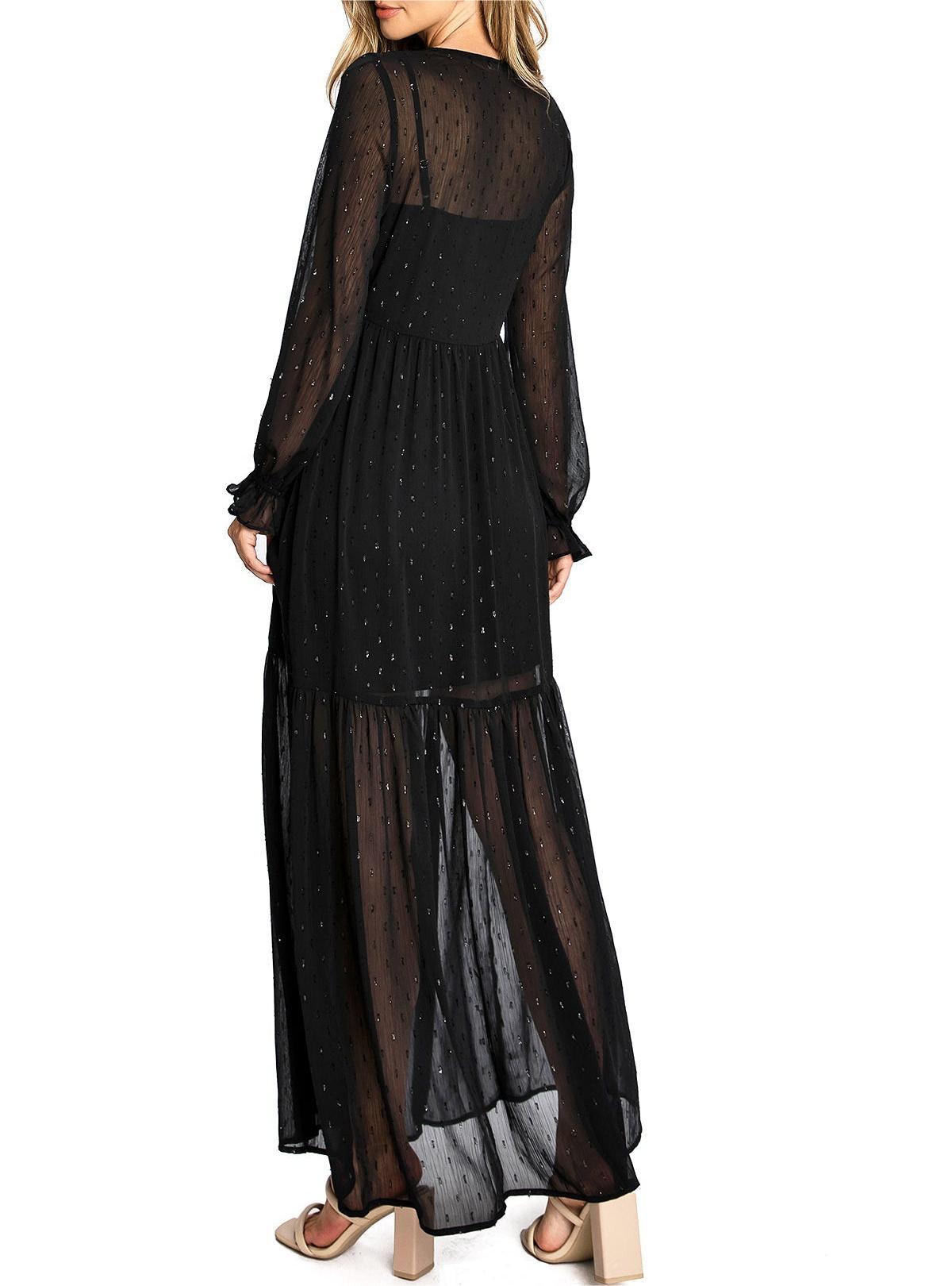 Black Chiffon - Sleeve Button - Front Maxi Dress